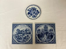 Delft Blue White Handpainted Holland Trivet Tiles Anno 1800 1900 Floral