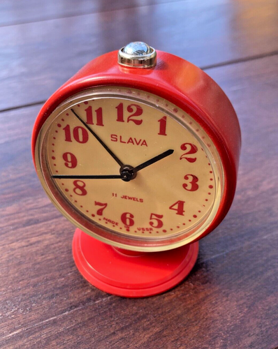 Vintage Mechanical Alarm Clock Slava 11 Jewels Russian Russia Soviet USSR Rare