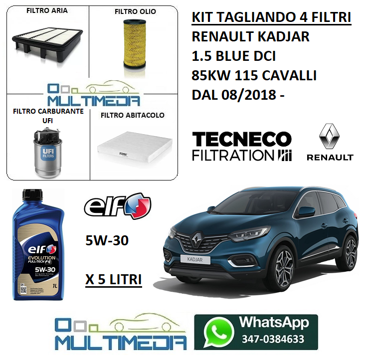Kit Tagliando Completo Per Renault Megane III 1.5 DCI FAP 81kw – 4 Filtri + 5L Olio Valvoline 5W-40