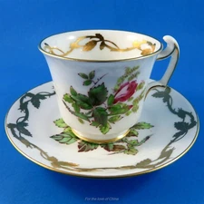 Elegant Gold Hand Painted Moss Rose Royal Chelsea Demitasse Tea Cup and Saucer