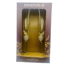 David Tutera Set Of 2 Decorative Champane Flutes Rhinestone Accents W/Gold Rim