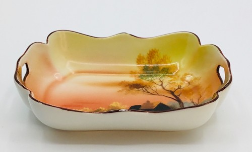 Plato Noritake M pintado a mano Sm festoneado borde dorado puesta de sol casa árbol lago Japón - Imagen 12 de 14