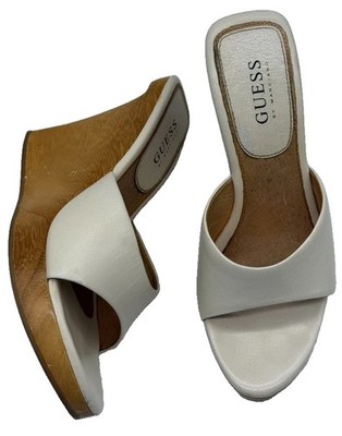 Guess Peep Toe Wood Wedge Platform Heel Slide Mules Sandal Shoes Womens Size 5