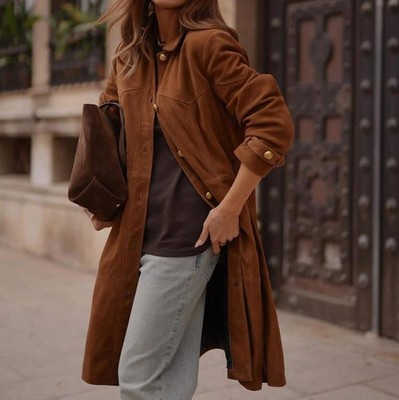 LG1794 Women s Brown Real Suede Long Coat Trench Coat with Gold button