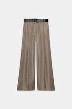 NWT zara women Belted Satin Wide Leg Pants Beige XS