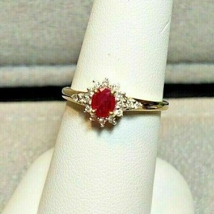 Authentic 14k Yellow Gold Plated Natural Ruby And C Z Gemstones Ring Halo Women's Ring k19