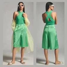 Hutch Anthropologie Women Green Satin High Rise Stretch Pleated Utility Shorts S