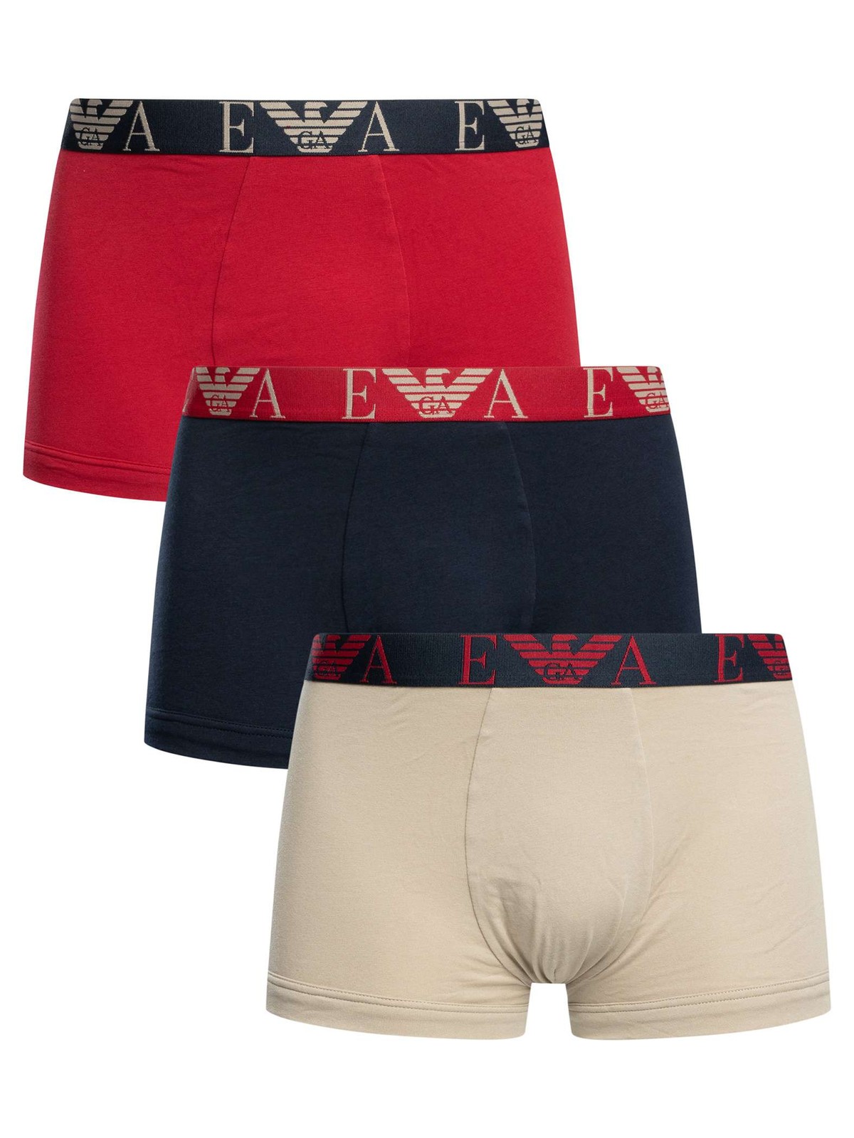 Emporio Armani 3 Pack Trunks, Beige/Navy/Red - XL