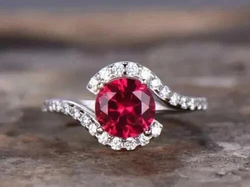 solid 14K White Gold Plated 2.20Ct Round Cut Lab-Created Red Ruby Ring - Image 4 of 4
