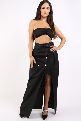 Women's Maxi Skirt with Asymmetric Design Self-Belt Pocket Detail Formal Casual - Picture 34 of 60