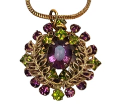 Alice Caviness Purple Green Rhinestone Filagree Necklace Unsigned