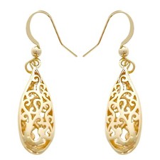 Gold Plated Brass Filigree Teardrop Dangle Earing Elegant Lightweight Design B19