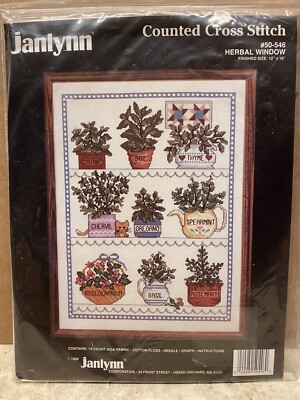 Herbal Window Cross Stitch Kit Janlynn 12x16 Cat Basil Rosemary Vintage New Herb