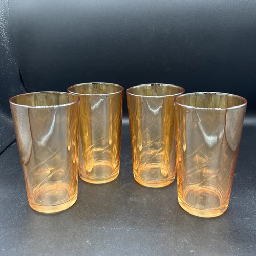 4 VintagePeach Marigold Luster Ware Iridescent Carnival Glass Tumbler 6.5" 16oz