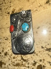 Silver Money Clip 3D Relief Native American Head Nickel Turquoise Coral Stone