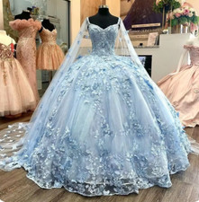 Light Blue Ball Gown Quinceanera Dresses Vestidos De 15 Quincea era With Cape