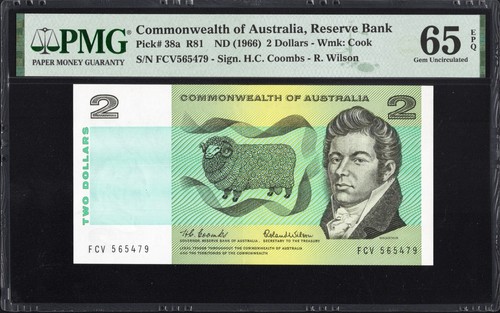 Australia 2 Dollars P38a R81 1966 Coombs Wilson PMG65 Gem UNC EPQ Banknote FIRST - Afbeelding 1 van 2