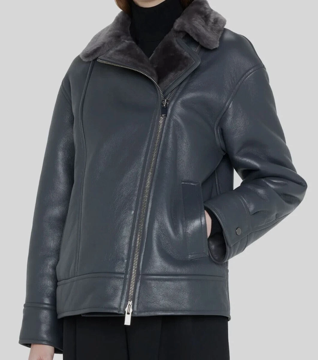 2995 Theory Women s Gray High Shine Shearling Leather Moto Jacket Coat Size M