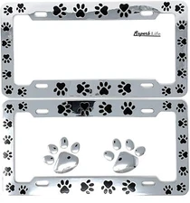 Animal Black Paws Print Design License Plate Set with 2pcs 3D Chrome Dog Sticker