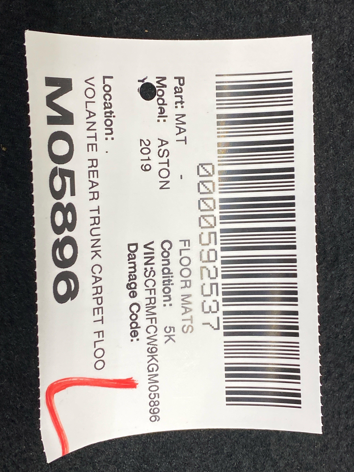 2017-2023 ASTON MARTIN DB11 VOLANTE REAR TRUNK CARPET FLOOR KY53-45410-AB BLACK