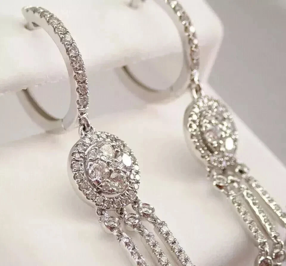 2.50Ct Round Cut Moissanite Women's Drop Dangle Earrings 14K White Gold Plated - Image 3 of 4