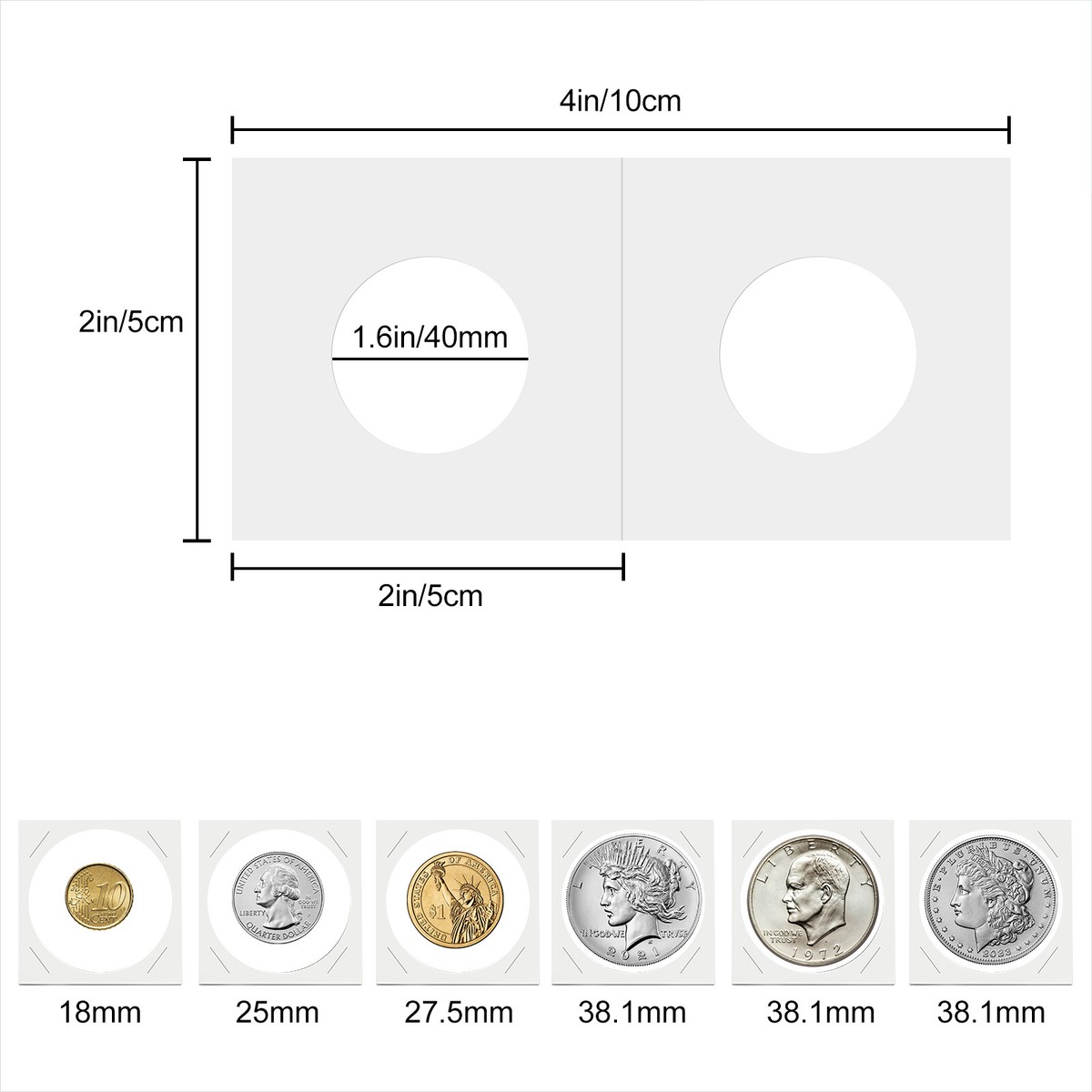 HNBTX 33mm+40mm Cardboard Wallet, 100 Pieces White Cardboard Coin Clip,Flip Coin Clip to Protect And Store Coins