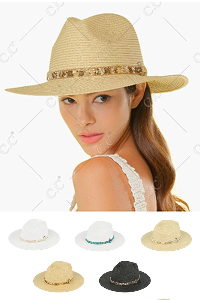 C.C Women Solid Color Paper Straw Panama Sunhat with Tinny Gem Stone Trim Band