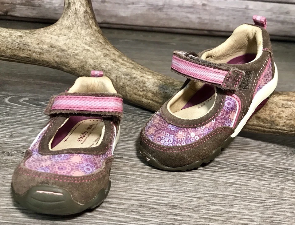 STRIDE RITE DANA Brown Pink SEQUIN shoes mary janes Girl Sz 4 W Flower Butterfly - Image 2 of 4