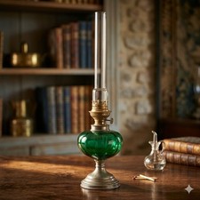 Ancienne Lampe à Pétrole à Poser - Réservoir Verre Vert