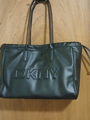 DKNY black logo Drawstring Faux Leather Tote Bag-Preowned