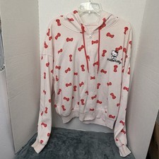 Hello Kitty Pink Red Bows Zip Up Hoodie Sweatshirt Womens XL