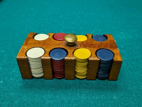 Vintage Miniature Poker Chip Set Wood Caddy & Cover