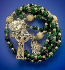 Catholic Green Marble Glass Rosary, Celtic  C...