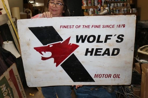 Large 36" Vintage Wolf's Head Motor Oil Gas Station Chevrolet Ford Metal Sign