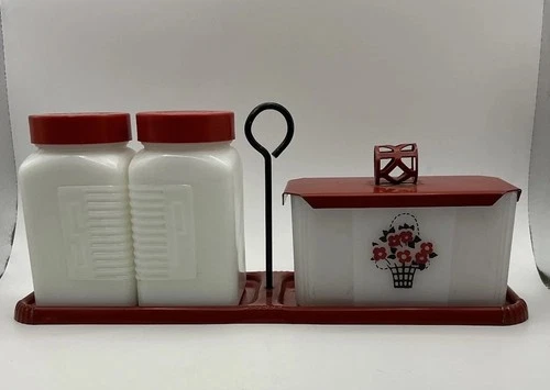 Vintage TIPP Co.  Salt & Pepper Shakers + GREASE JAR + Rack Carrier Milk Glass
