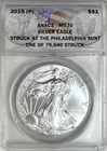 2015-P SILVER EAGLE ANACS MS70 STRUCK AT THE PHILADELPHIA MINT MINTAGE 79,640!