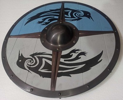24'' Medieval Eivor Valhalla Raven Authentic Battleworn Wooden Viking Shield