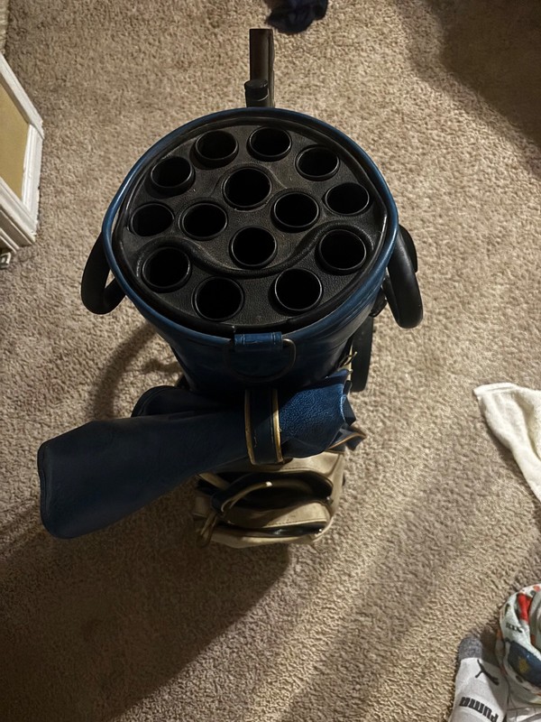 1976 vintage golf bag blue and cream white leather everything still intact