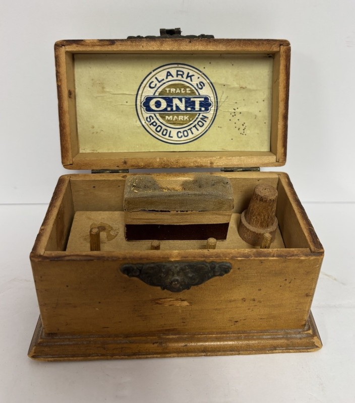 Antique Wooden Sewing Box Chest Clark’s ONT Advertising Hinged Lid 1880s