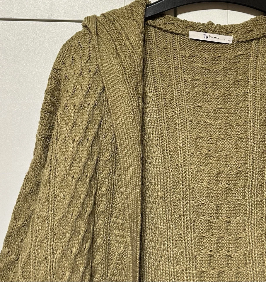 TU SIZE 14 - CHUNKY KNIT HOODED LONG CABLE CARDIGAN - OLIVE MUSTARD GREEN NEW - Image 4 of 4