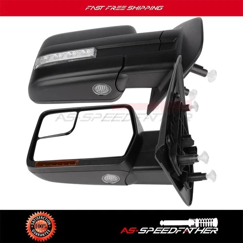 Power Heated Black Cover Turn Signal Puddle Light Pair Mirrors For 04-14 F150