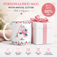 Personalised Coffee Mug Floral Initial/Name Gift Birthday Friend Mum Sister Dad