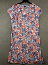 Talbots Dress Womens 1X Plus Blue Red Coral Reef Print Short Sleeve Shift NWT