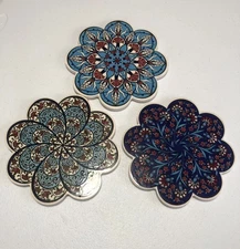 3 Turkish Ceramic Floral Trivet Art Scalloped Heat Resistant Home Decor Padded