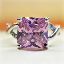 Size 8.25, Vintage Sterling 925 silver ring with square pink Quartz clear cz