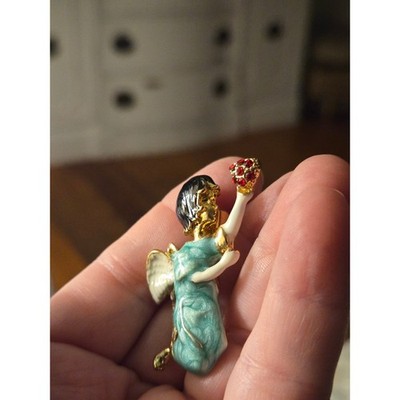 Blue Enamel Red Rhinestone Angel Brooch Vintage