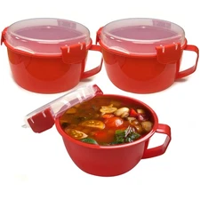3 Ct Soup Mugs 1300ml Microwave Food Containers Lid BPA Free Noodle Cup Bowl Red