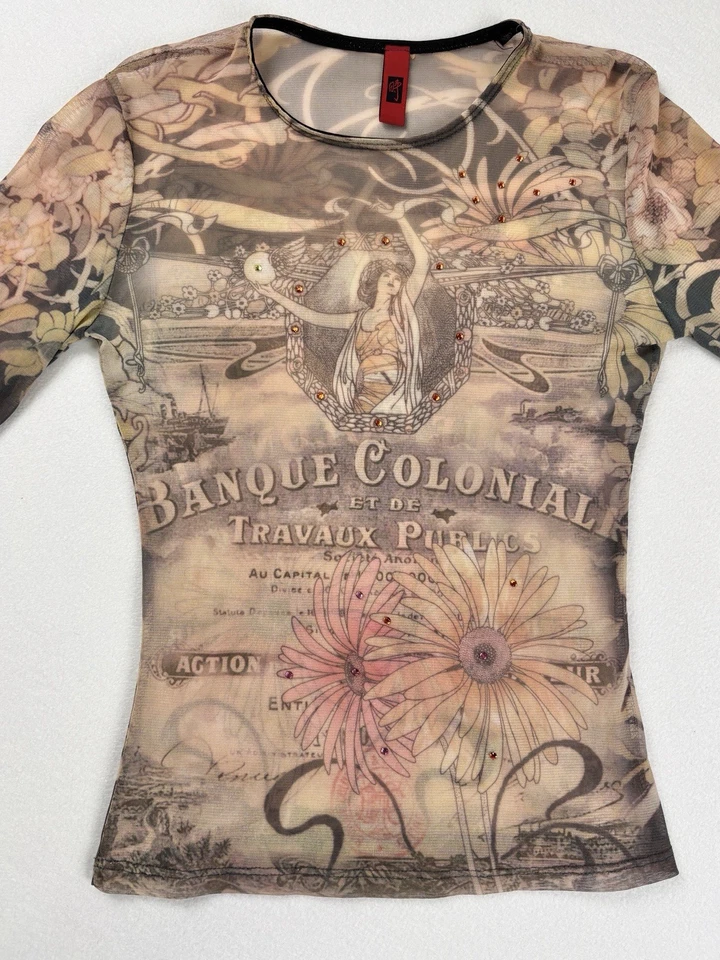 Top Just In Time USA para mujer de malla manga larga banque colonial transparente Y2K pequeño Foto 2 de 4