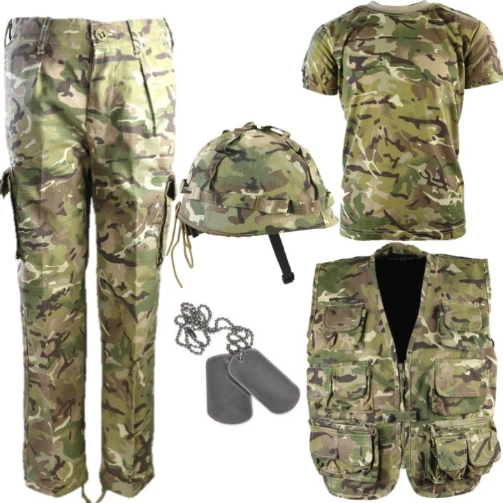 KOMBAT UK BOYS ARMY OUTFIT KIDS 3-13 YEARS TROUSERS T-SHIRT HELMET VEST DOG TAGS BTP CAMO