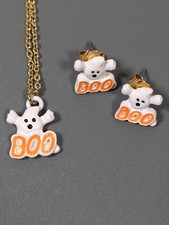 Halloween White Ghost Boo Orange Gold Tone Necklace Pierced Earring Set